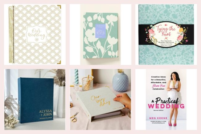 Six wedding planners in a grid: a gold scallop planner, a green floral fabric planner, a floral Tying the Knot organizer, a navy linen binder, a sage linen planner and A Practical Wedding by Meg Keene