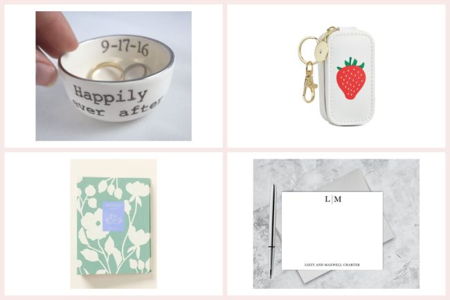 Collage of picks for newly engaged couples: a ring dish, a travel jewelry case, a wedding planner and personalized note cards