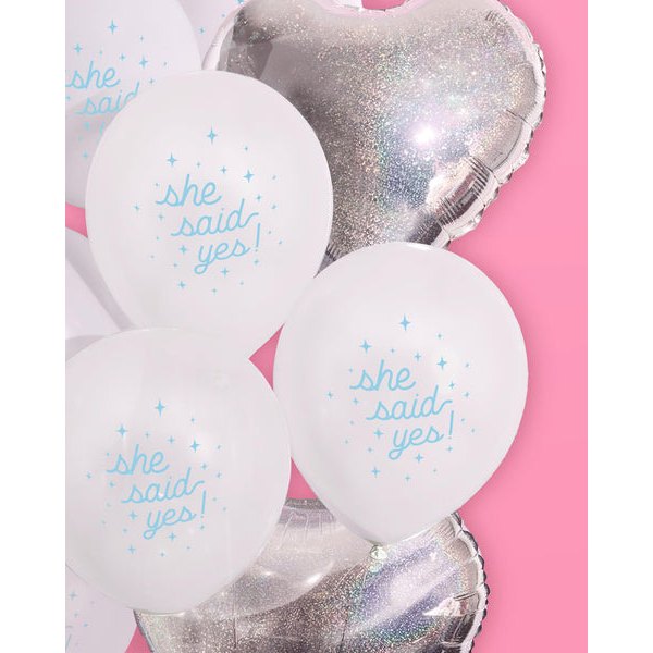 xo, Fetti balloon set with white latex balloons printed she said yes! in blue and iridescent foil heart balloons